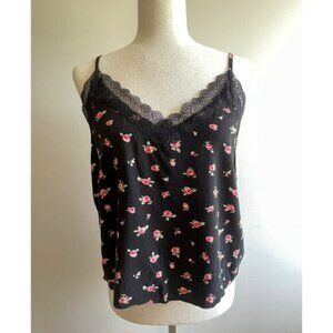 Forever 21 Tank Top Blouse Womens L Black Floral Rayon Spaghetti Strap Cropped